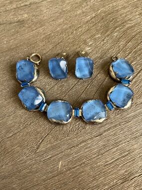 VINTAGE GERMANY Blue Glass Stone Bracelet Matching Earrings - Unbranded 50’s